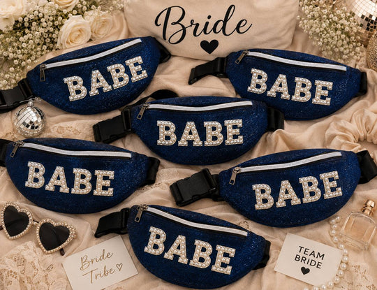 Custom Glittery Blue Fanny Bags with Pearls Letters Patches