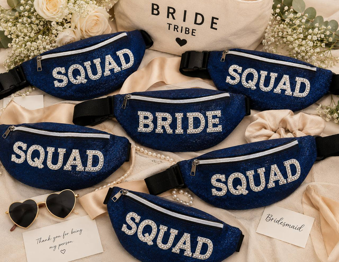 Custom Glittery Blue Fanny Bags with Pearls Letters Patches