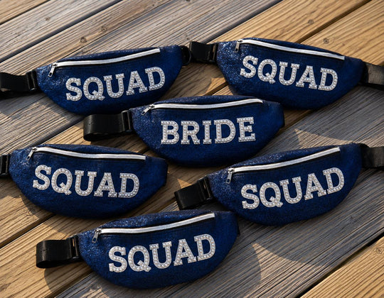 Custom Glittery Blue Fanny Bags with Pearls Letters Patches