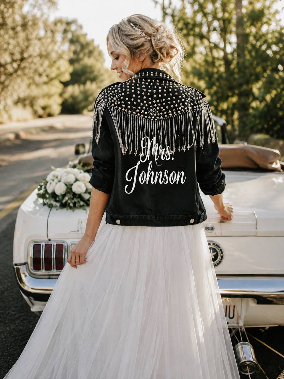 Custom Mrs Bridal Black Stylish Jean Jacket with Fringes
