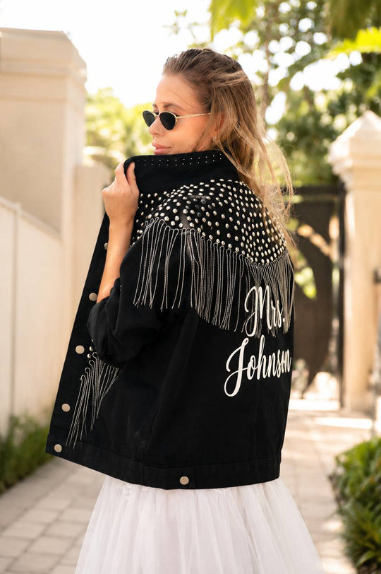 Custom Mrs Bridal Black Stylish Jean Jacket with Fringes