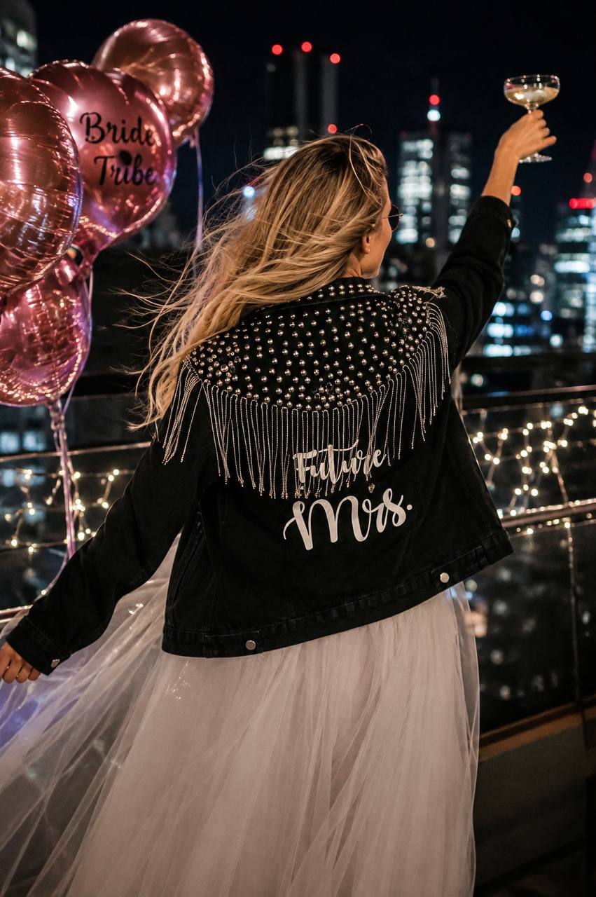 Custom Mrs Bridal Black Stylish Jean Jacket with Fringes