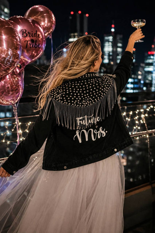 Custom Mrs Bridal Black Stylish Jean Jacket with Fringes