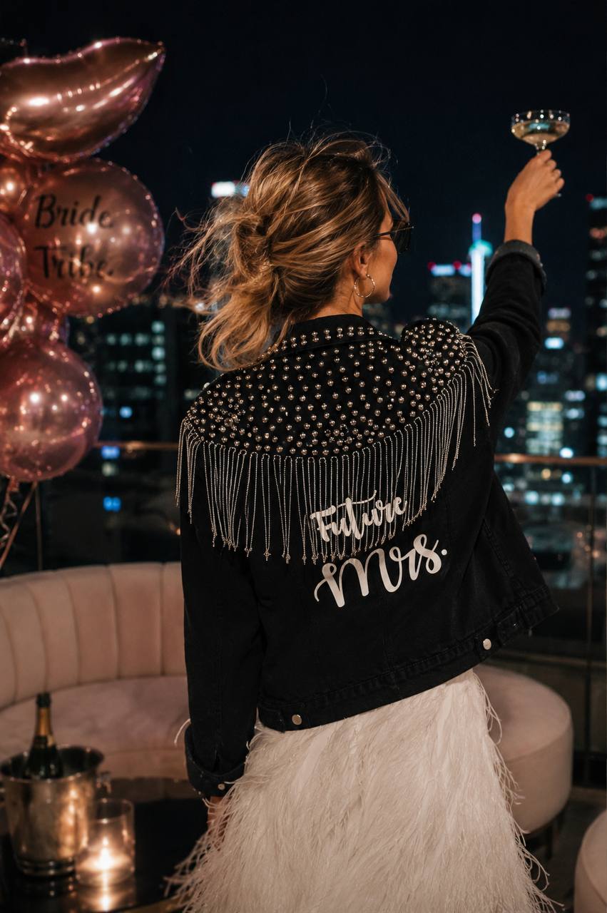 Custom Mrs Bridal Black Stylish Jean Jacket with Fringes