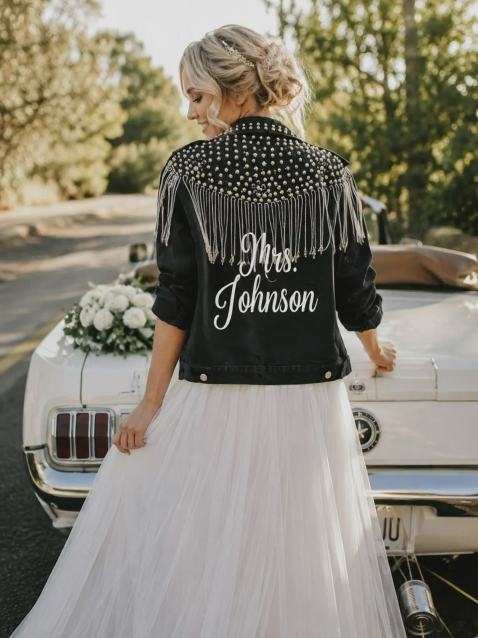 Custom Mrs Bridal Black Stylish Jean Jacket with Fringes