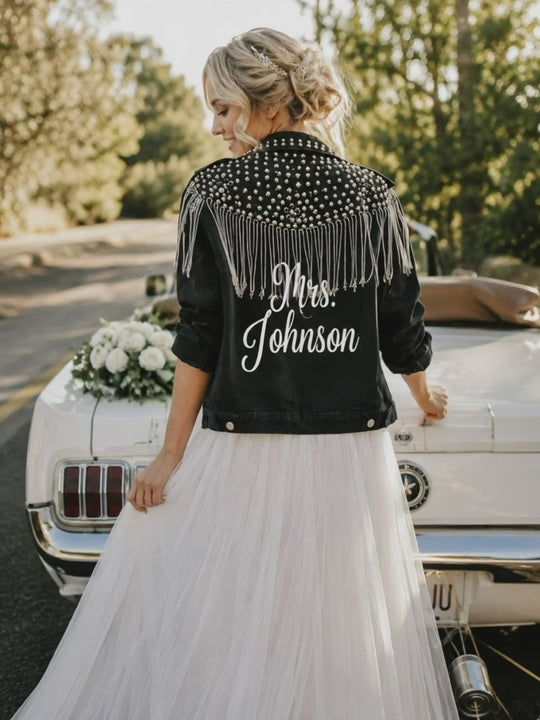 Custom Mrs Bridal Black Stylish Jean Jacket with Fringes