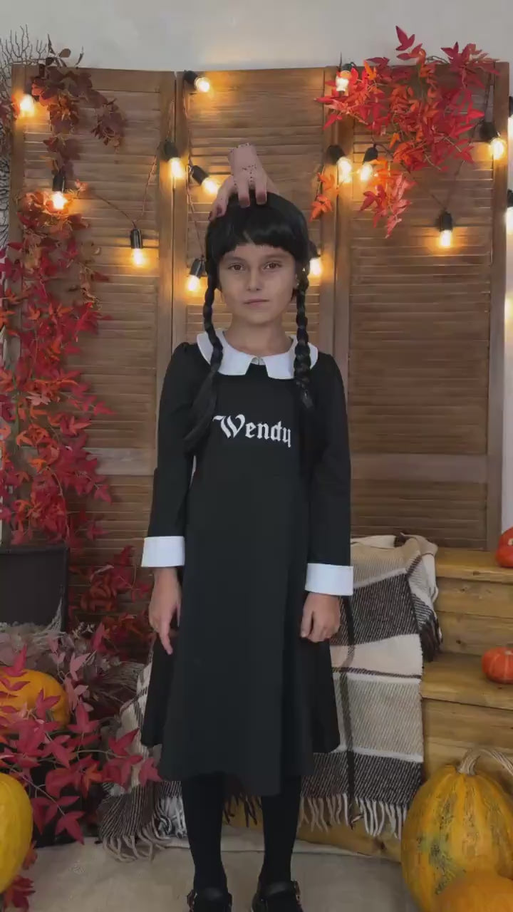Personalized Wednesday Addams Costume for Girls, Custom Name Black Halloween Dress