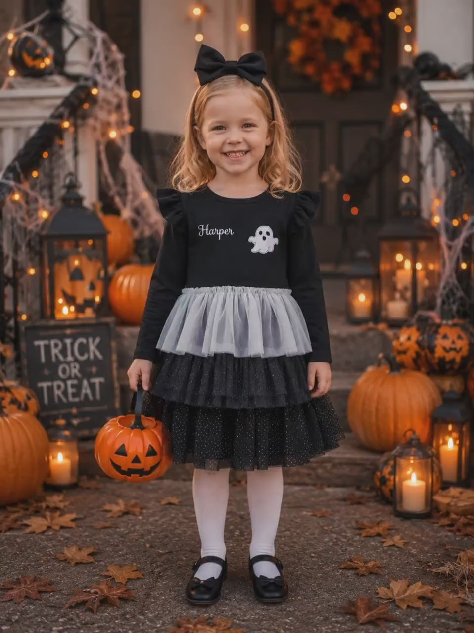 Personalized Ghost Halloween Dress for Girls, Custom Name Tutu Trick or Treat Dress