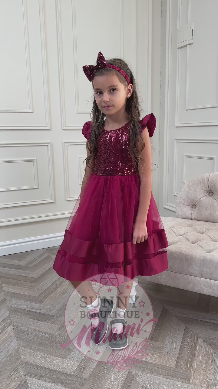 Burgundy Sequin Girls Dress with Bow Headband