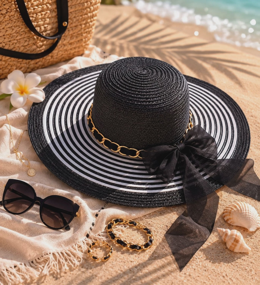 Elegant Beach Sun Hat with Chain & Bow