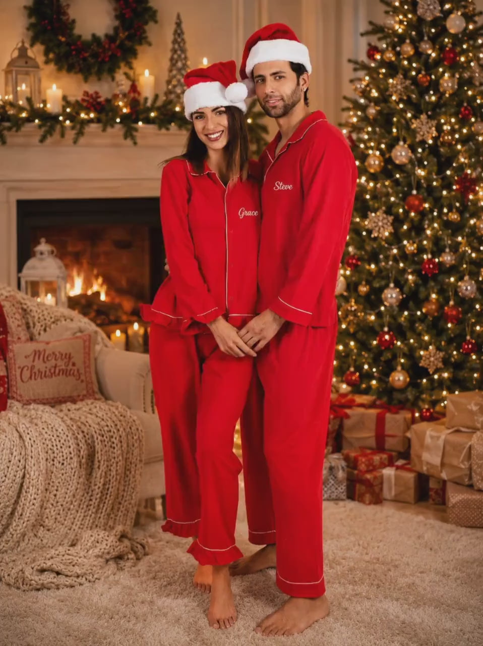 Matching Family Christmas Pajamas: Red Cotton Xmas Pyjamas - Ruffled