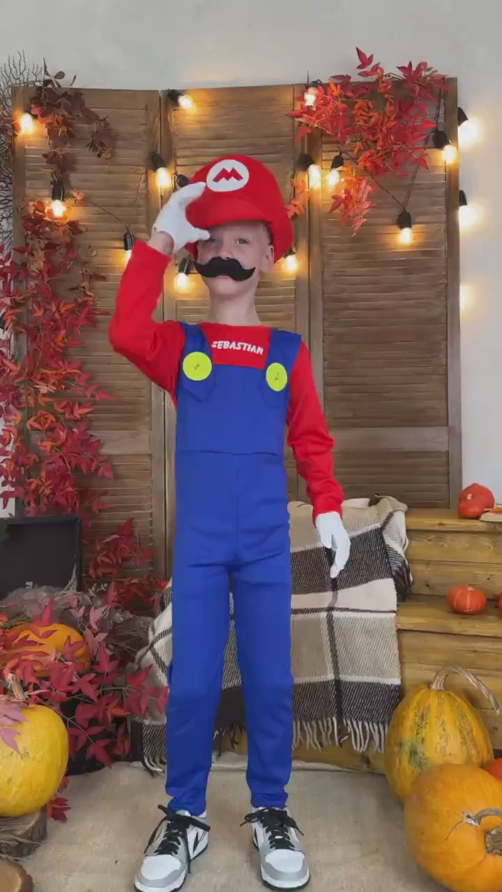 Title Personalized Kids Video Game Costume, Custom Name Halloween Jumpsuit with Hat & Mustache