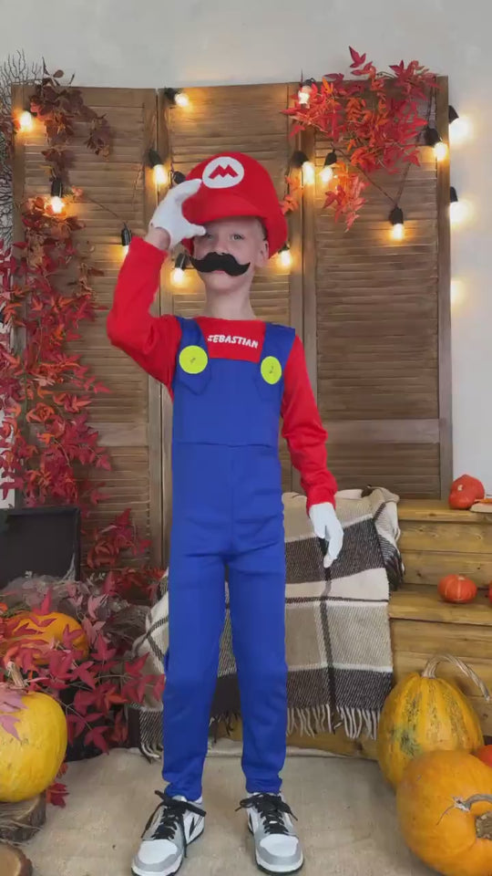 Title Personalized Kids Video Game Costume, Custom Name Halloween Jumpsuit with Hat & Mustache