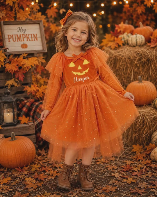 Personalized Girls Halloween Pumpkin Dress, Orange Tulle Toddler Halloween Outfit