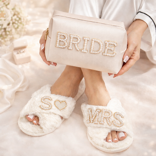 Bridal Gift Set Mrs Fluffy Slippers & "Bride" Make Up Bag