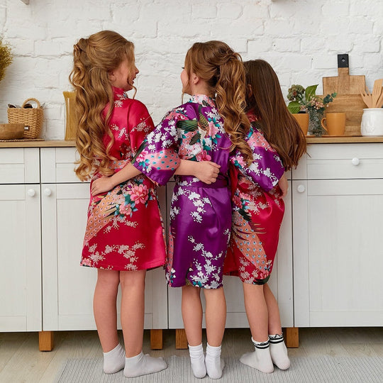 Set of 9 Kids Floral Peacock Satin Robes