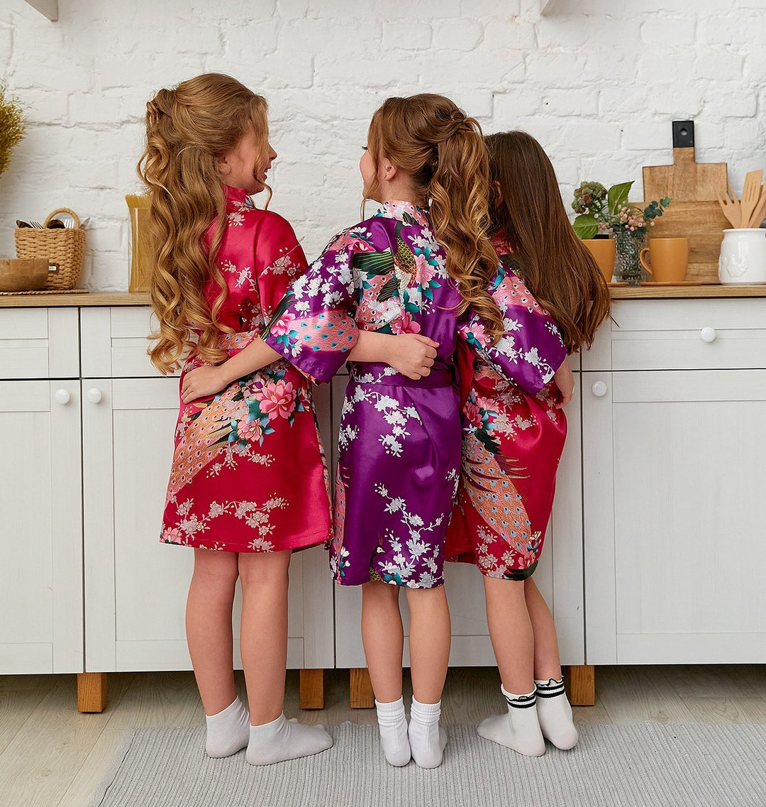 Set of 11 Kids Floral Peacock Satin Robes