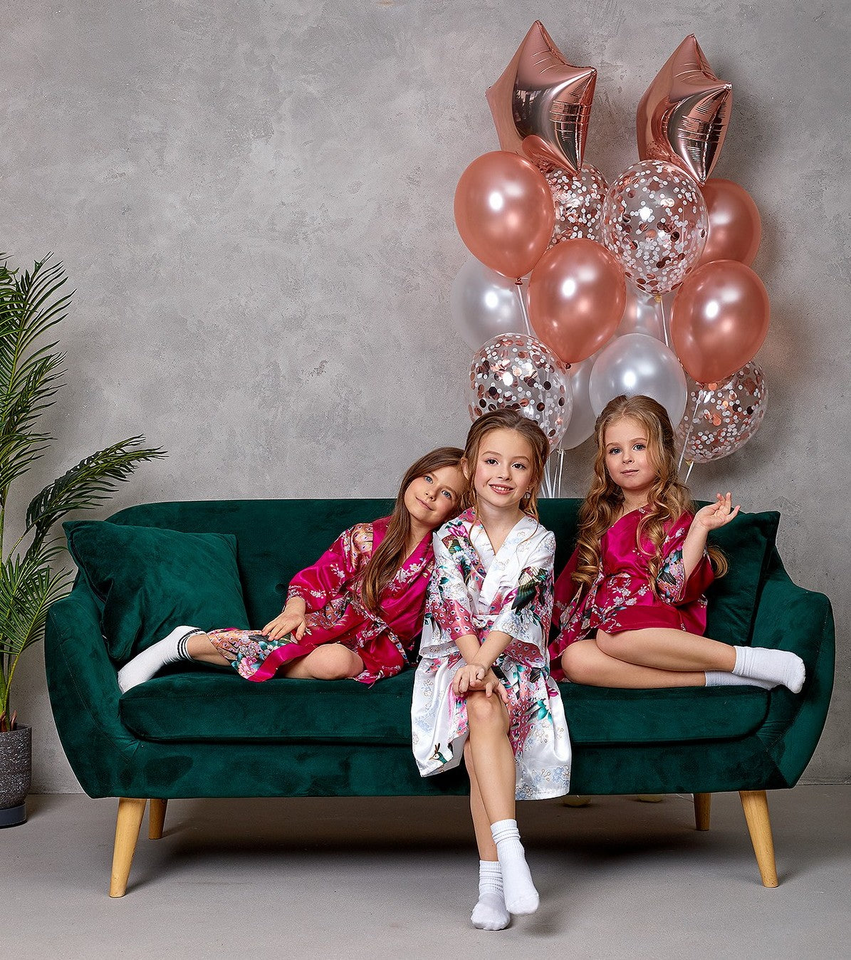 Set of 6 Kids Floral Peacock Satin Robes