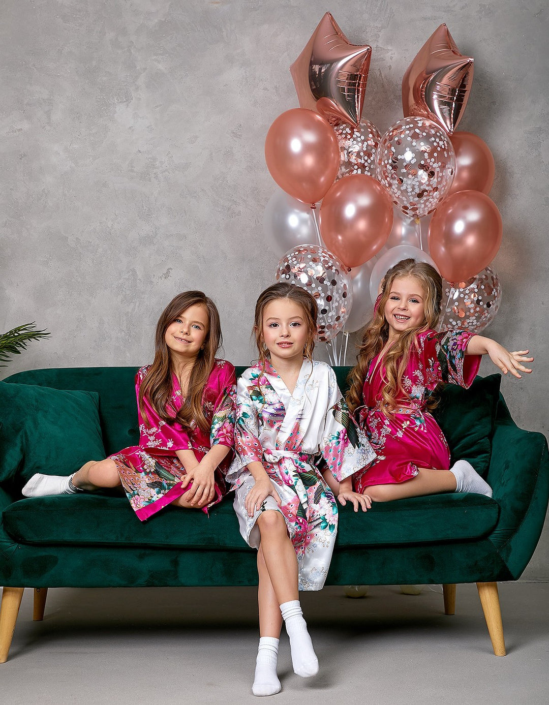 Set of 9 Kids Floral Peacock Satin Robes