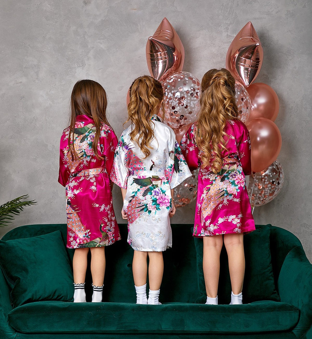 Set of 9 Kids Floral Peacock Satin Robes