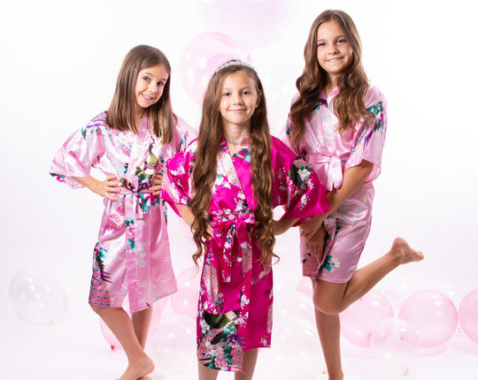 Set of 9 Kids Floral Peacock Satin Robes