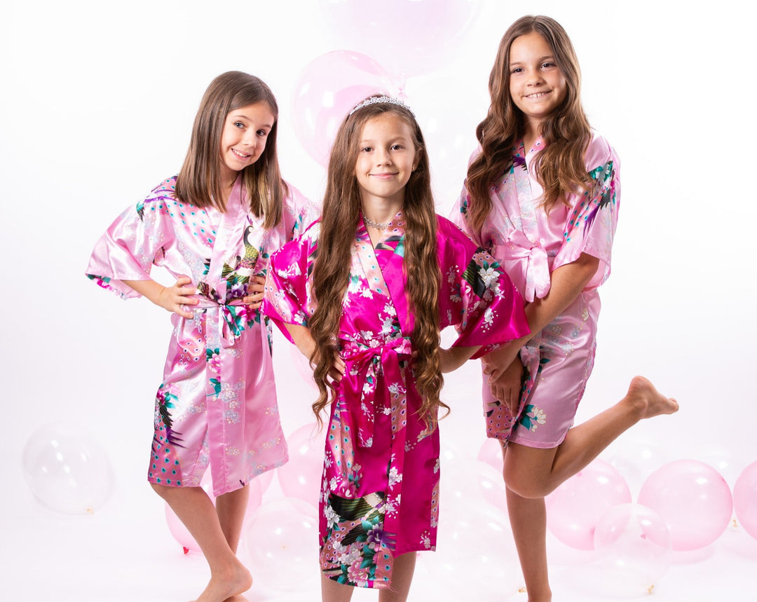 Set of 5 Kids Floral Peacock Satin Robes