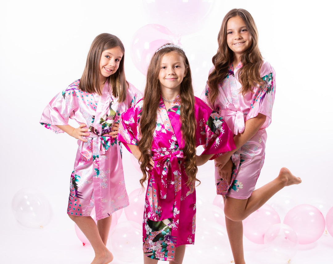 Set of 11 Kids Floral Peacock Satin Robes