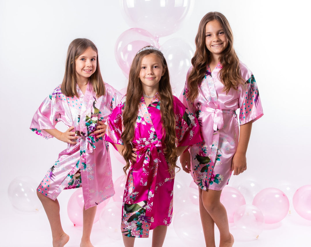 Set of 9 Kids Floral Peacock Satin Robes