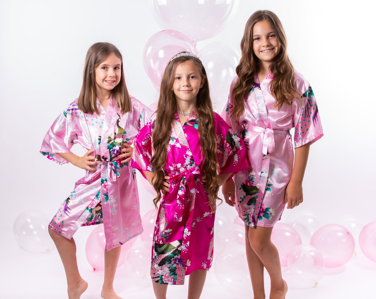 Set of 10 Kids Floral Peacock Satin Robes