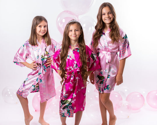 Set of 11 Kids Floral Peacock Satin Robes