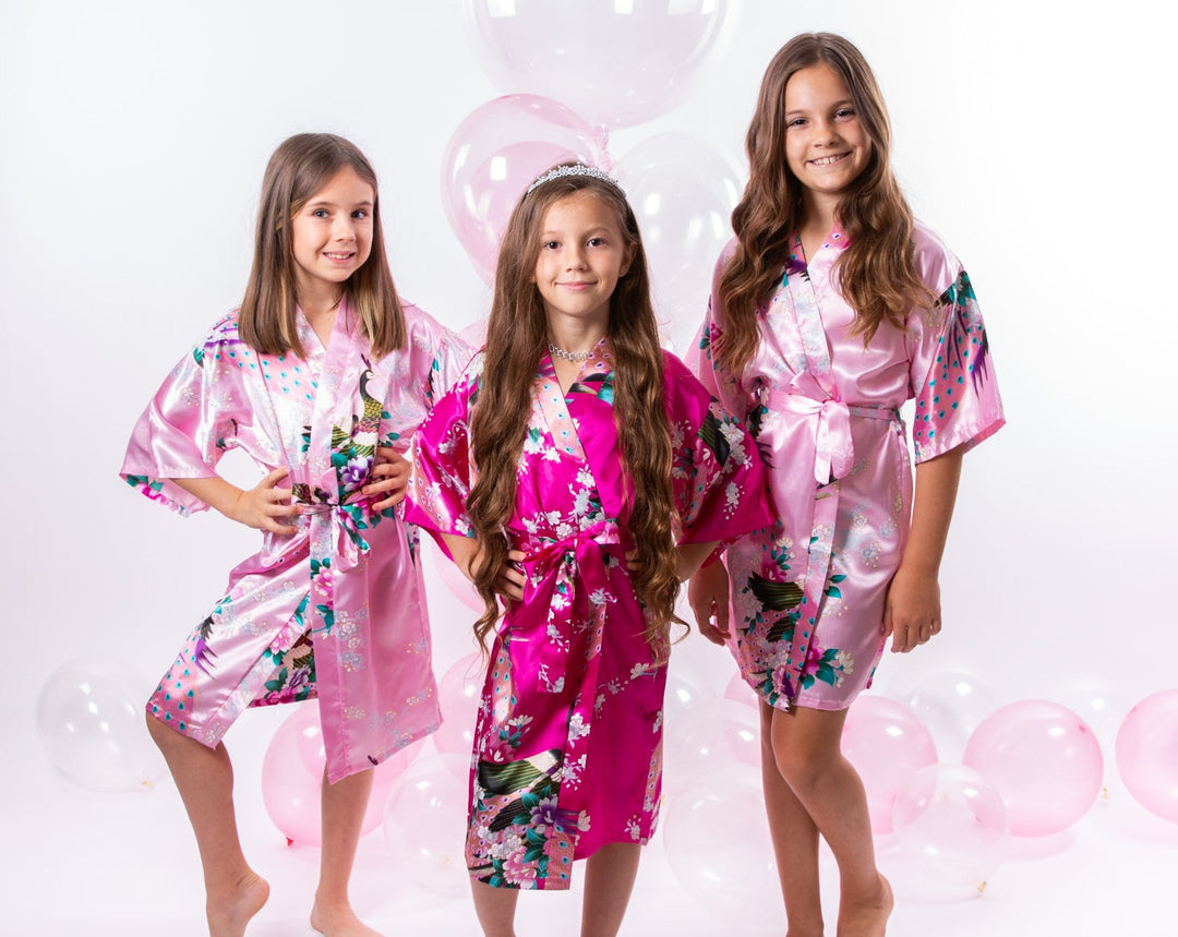 Set of 5 Kids Floral Peacock Satin Robes