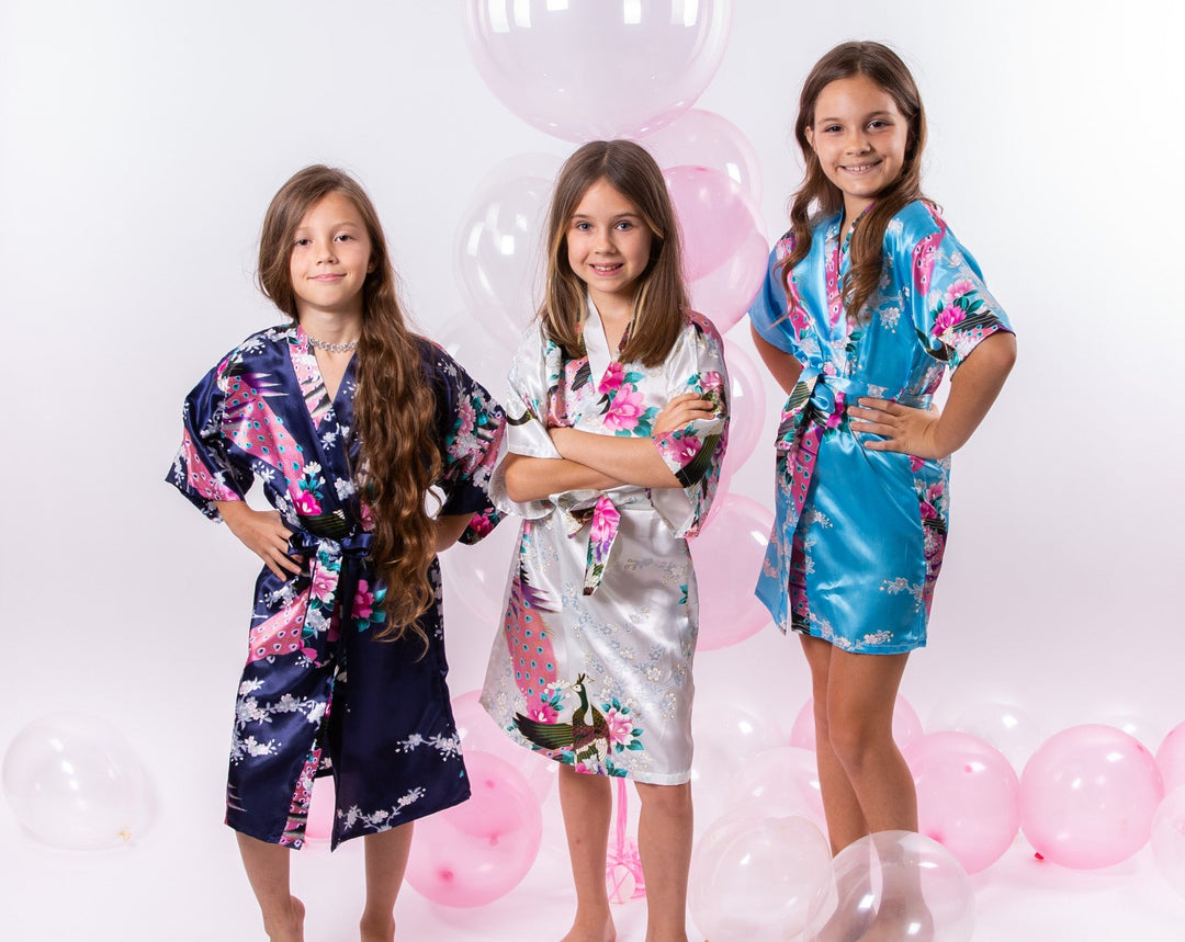 Set of 9 Kids Floral Peacock Satin Robes