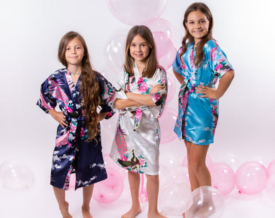 Set of 11 Kids Floral Peacock Satin Robes