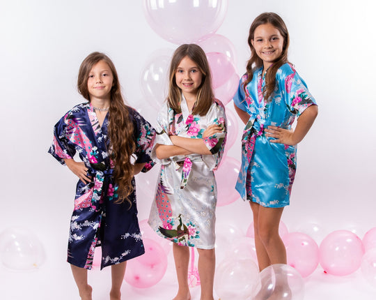 Set of 5 Kids Floral Peacock Satin Robes