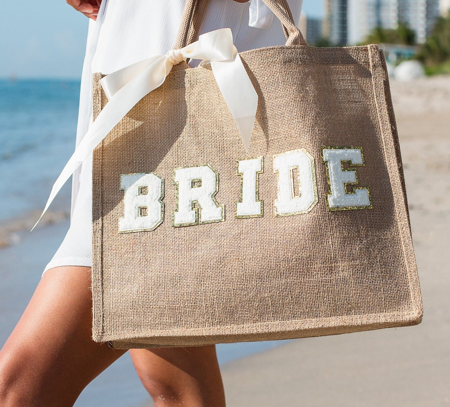 Bride Beach Tote Bag Personalized with Patches Letters