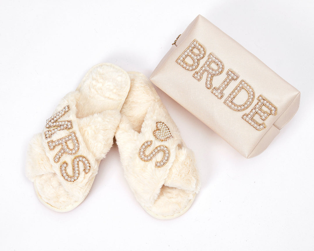 Bridal Gift Set Mrs Fluffy Slippers & "Bride" Make Up Bag