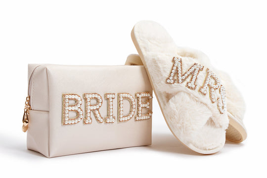 Bridal Gift Set Mrs Fluffy Slippers & "Bride" Make Up Bag