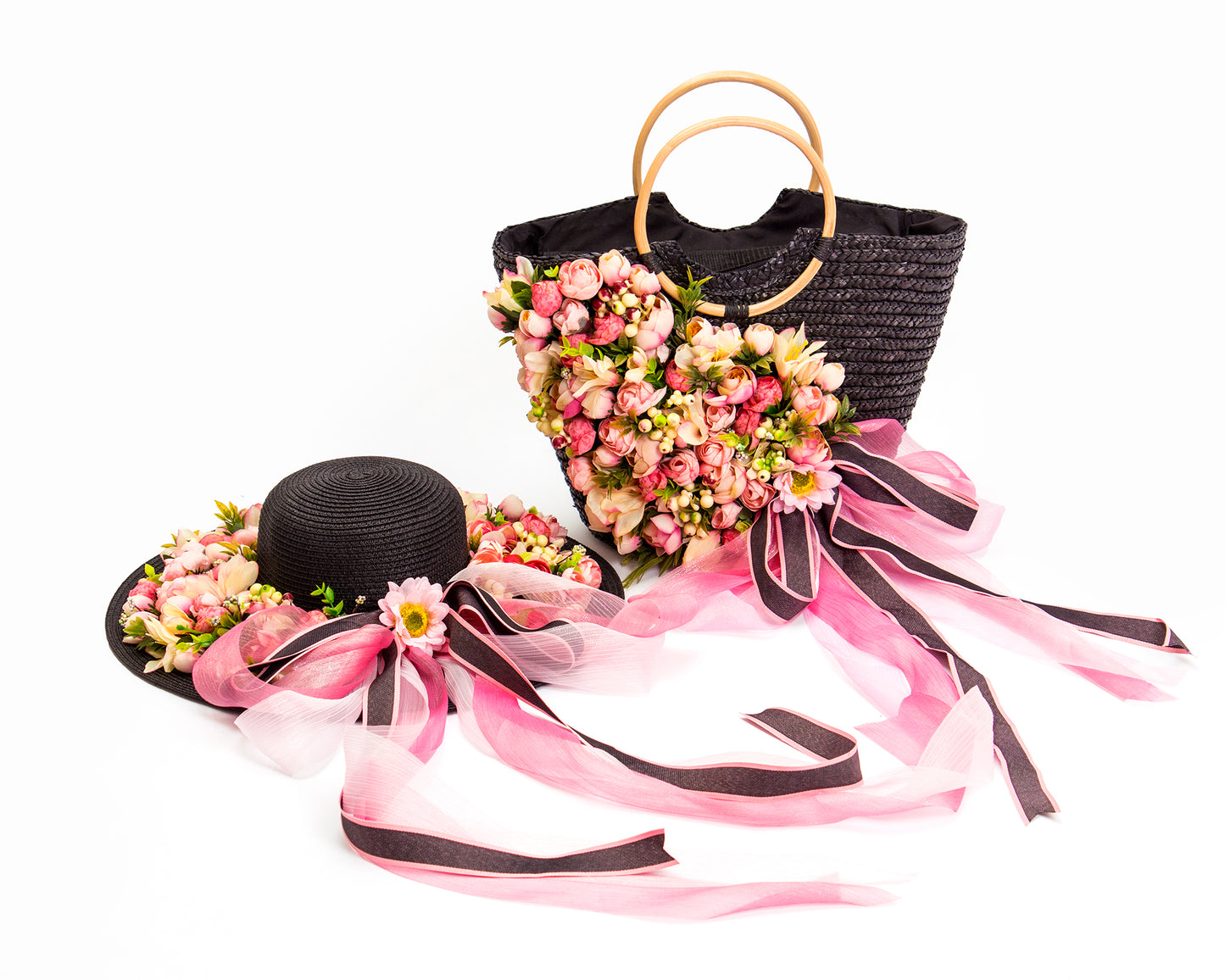 Floral Set Straw Bag and Hat for Bride Style 1