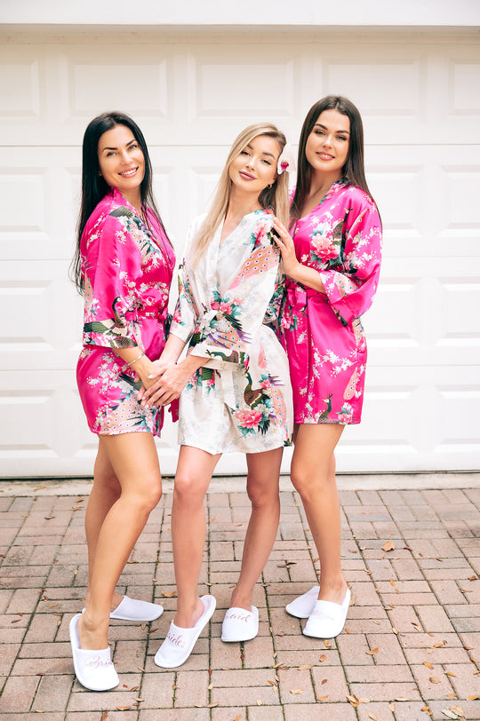 Set of 6 Floral and Peacock Bridesmaids Satin Robes