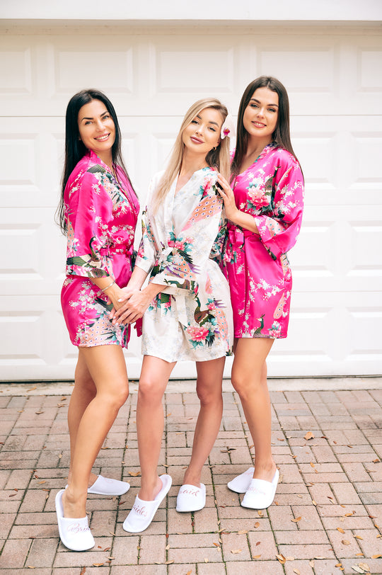 Set of 9 Floral and Peacock Bridesmaids Satin Robes