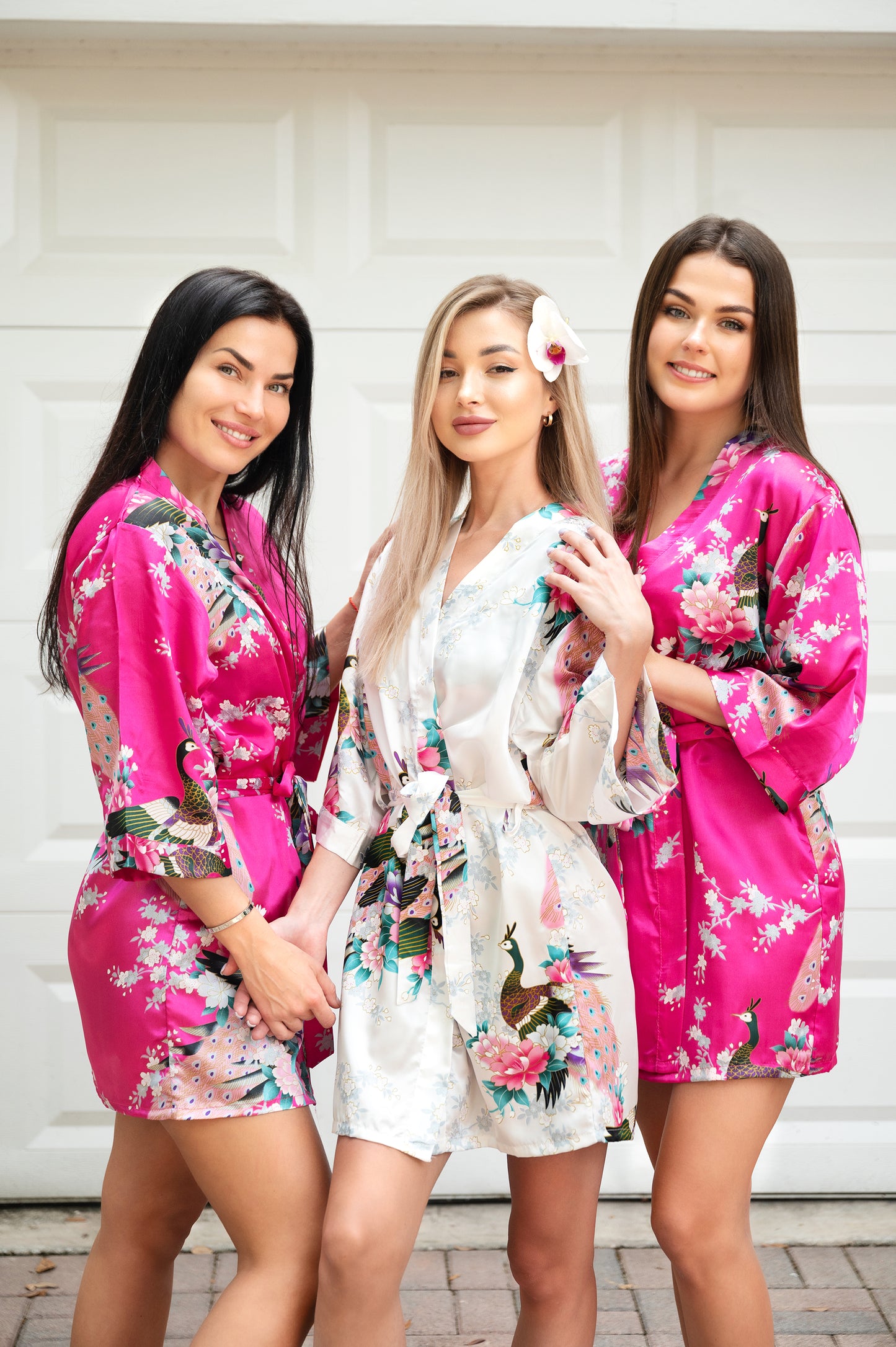 Set of 6 Floral and Peacock Bridesmaids Satin Robes