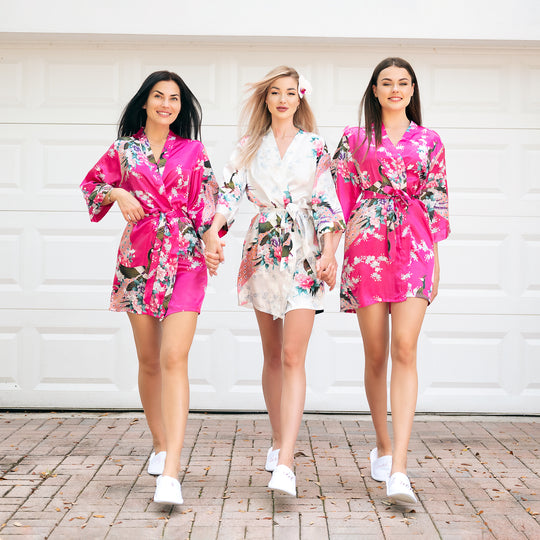 Set of 5 Floral and Peacock Bridesmaids Satin Robes
