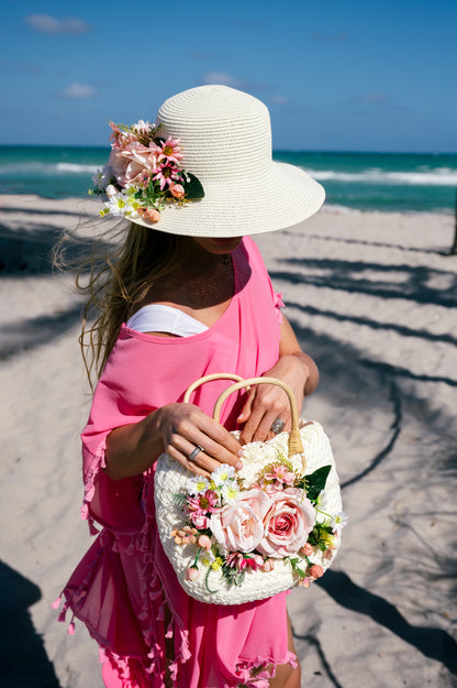 Bride Sun Hat and Straw Bag with Flowers- Small