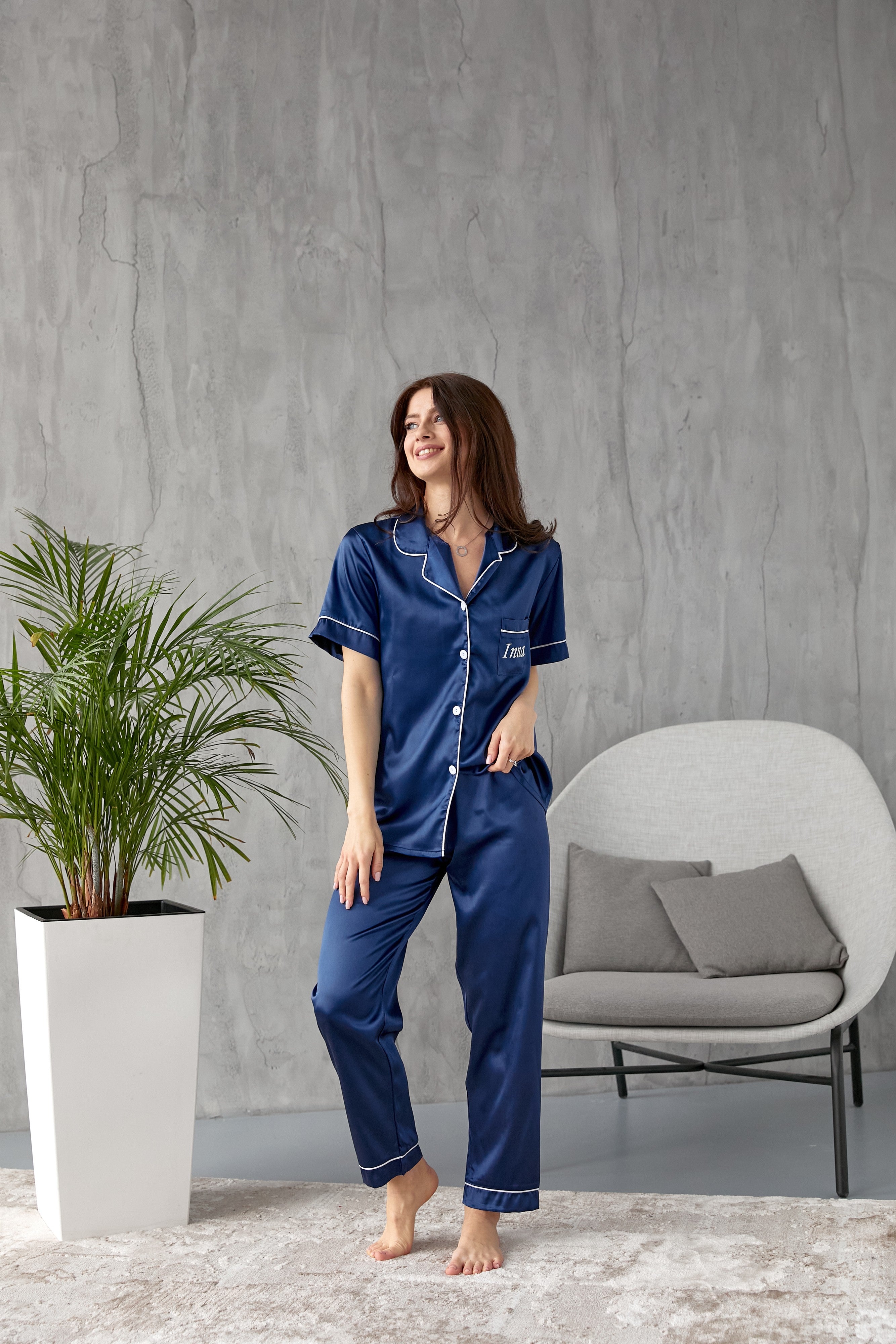 Navy blue discount satin pajama set