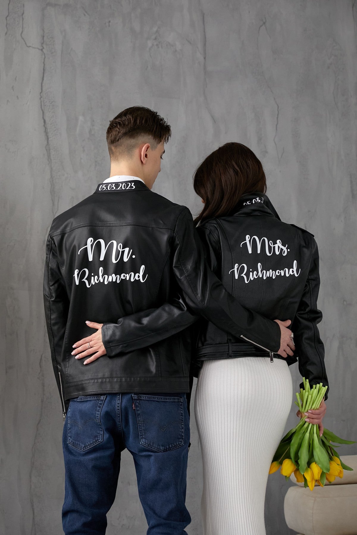 Custom Wedding Faux Leather Jackets for Bride and Groom- autumn