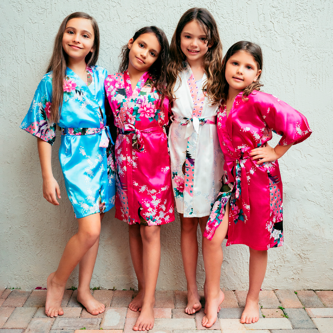 Set of 9 Kids Floral Peacock Satin Robes