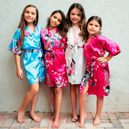 Set of 9 Kids Floral Peacock Satin Robes