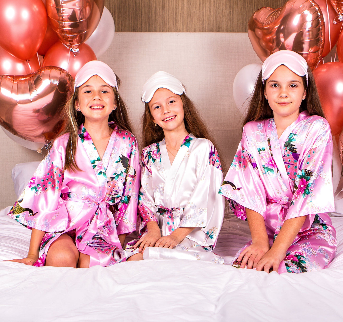 Set of 13 Kids Floral Peacock Satin Robes