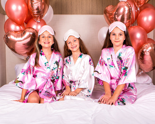 Set of 9 Kids Floral Peacock Satin Robes