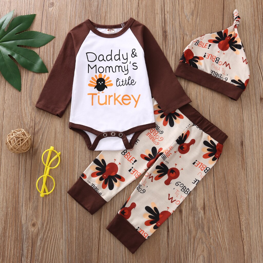 Baby Girls Boys 3Pcs Outfit Set Thanksgiving Turkey Suit - 